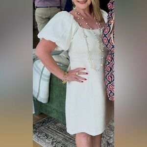 THML dress, white with gold flecks, puffy sleeves, knee length